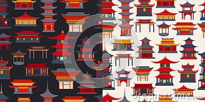 Seamless patterns of Chinese buildings and temples Vector Illustration